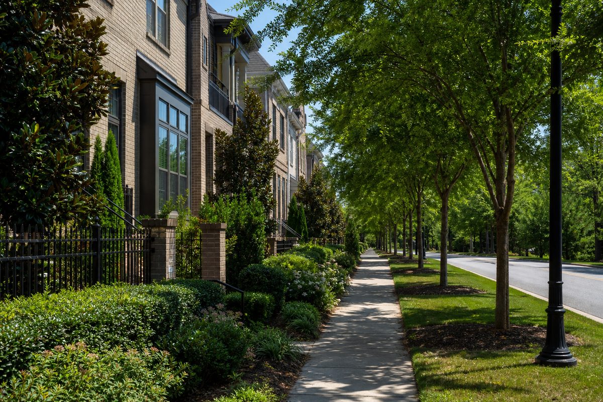 Vinings, Atlanta Georgia neighborhood street, AI-generated concept imagery